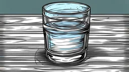 A glass of water on a wooden table. The surface of the water rippling. Hand drawn illustration