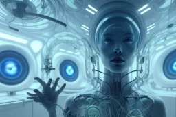 detailed sharp focused portrait very beautiful cyborg transparent glossy glass skin surrounded glowing tubes inside an incubator futuristic hospital bio lab, intricate rendered by beeple, by syd meade, by android jones, by yoanne lossel, by artgerm and greg rutkowski, space art concept, sci - fi, digital art, unreal engine, wlop, trending artstation, sharp focus