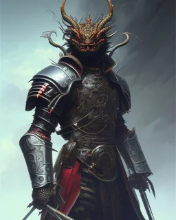 Detailed anime boy, dark brown hair, black and red dragon scale armour, intricate details, full body portrait, keep head in frame, slight smile, black Japanese motif, concept art, highly detailed, digital painting, concept art, sharp focus, illustration, art by Yoji Shinkawa, WLOP and greg rutkowski and alphonse mucha and artgerm and yanjun Chen and Junji ito and Makoto Shinkai, HDR, octane render