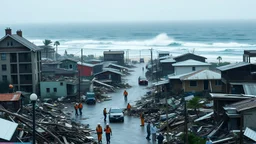 Climate emergency. A coastal town in ruins after a massive hurricane. Buildings are demolished, debris litters the streets, and rescue workers search for survivors amidst the wreckage. The ocean roars ominously in the background. Beautiful award-winning photograph, shocking, rule of thirds, balanced delightful composition, perfect lighting, superb detail, 16k render