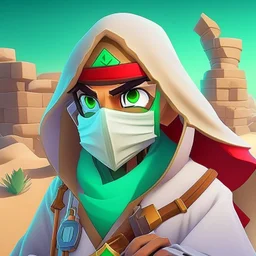 En estilo nintendo zelda wind waker. Retrato, cara.El Médico Errante: Un sanador solitario que recorre el desierto en busca de los necesitados. Viste una bata blanca manchada de sangre y tiene una máscara quirúrgica, y utiliza herramientas improvisadas para realizar cirugías y tratamientos.