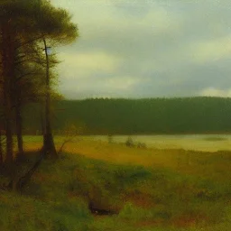 George Inness, painting, pine trees, swamp, hills, photo realistic