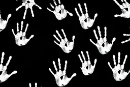 multiple white hand prints on a solid black background. some hand prints leave streaking finger marks as if they were dragged