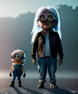 Minion toddler, cyberpunk, full body, white hair, leather jacket, dramatic lighting, hyper realistic