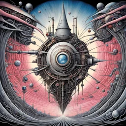 by Tomasz Setowski and Gerald Scarfe, Leaving the Machine, surreal machine dreamscape, sci-fi tribute to Pink Floyd, Album art, ink illustration, sharp focus, surreal concept art,
