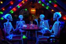 Glowing Halloween skeletons having a tea party in the haunted house attic. Colorful string lights and festive decorations create a spooky magical atmosphere