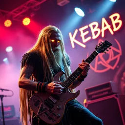 a very thin swedish viking man, evil with very long blonde hair (2 meter), (fat glowing eyes), he is called "KEBAB MAN" performing at death metal club, his name is "KEBAB MAN" kebab rolls On stage, kebab Neon lights and smog, and "KEBAB MAN" big sign on the wall, kebab tribal tattooes, spinning kebab machines, flames and smoke, chaos, he using gasolin and pour it on the guitar on the stage