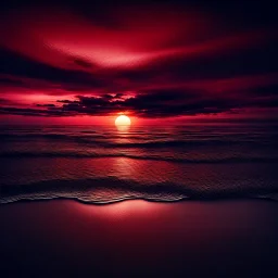 Beautiful dark red sunset over the sea shore at night, intricate, amazing, beautiful, realistic, ultra-high resolution, wide angle, depth of field, dynamic lighting –ar 1:2 –v 5