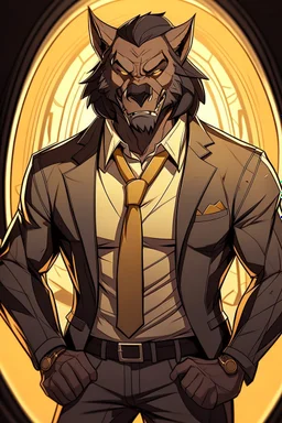 Buff, anthro, wolf, himbo, black fur, gold eyes, wearing a suit, full-body, muscles, strong, muscular, man boobs, bulky, tail, dark fur, smug grin, hands on hips, furry-himbo, broad shoulders, wide hips,