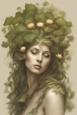 Mother and daughter dryads, lotus wreaths on her head, digital illustration, photorealism style, 8