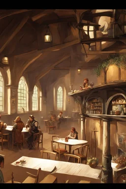 interior of a dnd tavern with people at round tables