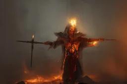 Church executioner, Fire theme art, Dark moody night atmosphere, 8K, high body details, anatomically perfect bod