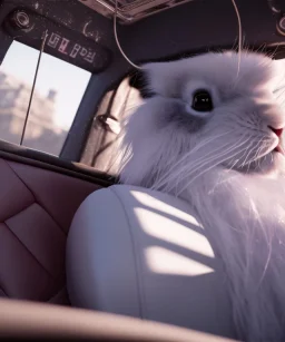 Ultra realistic back seat of limousine image, wide angle view, Alice woman and white rabbit man, many color balls, circus clothing, long hair, smoke, feather long coat, soft color, highly detailed, unreal engine 5, ray tracing, RTX, lumen lighting, ultra detail, volumetric lighting, 3d, finely drawn, high definition, high resolution.