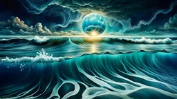 surreal dreamlike mood, stunning and atmospheric, deep colors, detailed, cinematic, Életünk első szakaszában jellemzően sodródunk valamifajta mozgó tengerben, ahol az idővel nem foglalkozunk semmilyen szerepe nincs a számunkra, tellik és azokkal az eseményekkel sodródunk amik ott és akkor felmerülnek. Az idő végtelen óceánjában egy parányi lehetőséget kapunk, hogy eljàtsszuk szerepeinket, hogy a végén visszataláljunk az idő nélküliségbe. , stunning. etheral, masterpeace