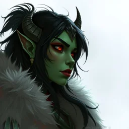 A digital illustration of an orcish woman, green skin, black hair, red eyes, wearing furs, lost in thought, fantasy