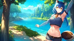 Girl, open navel, blue hair, orange eyes, forest, lake , collar on neck, raccoon ears, raccoon tail.