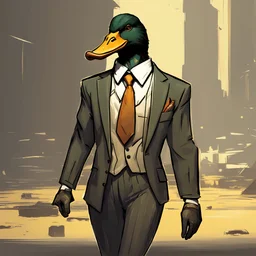 A disco elysium styled concept art of a duck in a suit