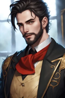 29-year-old elven male, with wavy black hair, wearing aristocratic outfit