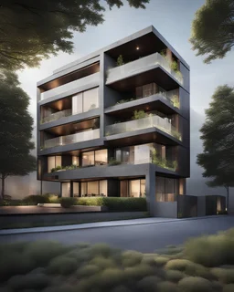 exterior of 5 floor apartment inspired by its surroundings and features modern , hyperrealistic, with concrete metal and glass