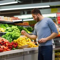 Men buying a very healthy fruit and vegetables in a supermarket