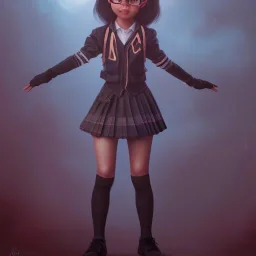 Jenna ortega as wednesday with black school uniform, seifuku, pleated dress, overknee socks, painted by artgerm and tom bagshaw, fantasy art, dramatic lighting, highly detailed oil painting, volumetric lighting