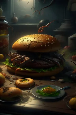 Bosch nightmares paint inf style Title: a hamburger sandwich on it creature with bee lizerd,insanely detailed octane render trending on artstation, 8k artistic photography, photorealistic concept art, soft natural volumetric cinematic perfect light, chiaroscuro, award-winning photograph, masterpiece, oil on canvas, Raphael, Caravaggio, Greg Rutkowski, people, beksinski, Giger