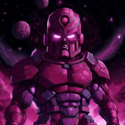 Galactus without a head holds his helmet in his hands, the background is the universe