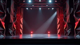 a 3d fractal stage structre made of metallic dark color 3d structures, pertty artistc background,dynamic lights,prances in modern fashion clothing dansing in stage