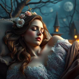 A hyper-realistic,sleeping beauty, Photo Real, HOF, full size, practicality,manufacturability,performance, (((realism, realistic, realphoto, photography, portrait, realistic, elegant, charming, apocalyptic environment, professional photographer, captured with professional DSLR camera, trending on Artstation, 64k, ultra detailed, ultra accurate detailed, bokeh lighting, surrealism, Thomas Kinkade backgroun