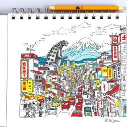 rich color pencil hand doodle sketch on a spiral binder notebook page, busy Japanese city, mount Fiji in the distance, Godzilla in the streets, in the style of Alexander Jansson and David Welker, incredible busy doodle world