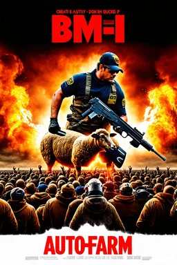 "Create a 90s-style action movie poster titled 'AUTOfarm. Include the (subtitle 'BMI - BMI Suckin-p-p' prominently) Feature a heroic mechanic battling thousands of people with a spanner, and in the background, show a sheep holding a machine gun. The scene should be intense and dynamic, capturing the high-energy and gritty aesthetic of classic 90s action films.