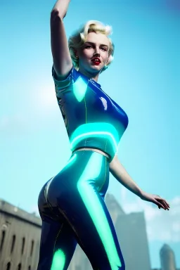 Realistic press image, retro sci-fi, portrait, blonde woman, sweet Marylin Monroe face, perfect iris, glow eyes. tight latex tights suit. Retro Futuristic city, cars flying. epic style, vibrant color, highly detailed, unreal engine 5, ray tracing, RTX, lumen lighting, ultra detail, volumetric lighting, 3d, finely drawn, high definition, high resolution.