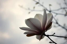 Melancholic, ultra-realistic vintage photograph of a The magnolia, soft light of a cloudy sky, atmosphere of quiet sadness and timeless beauty, cinematic, hyper-detailed, emotional and mesmerizing, bloom