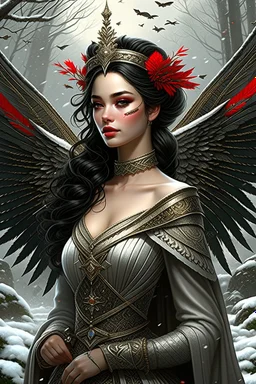 Magic camping site, beautiful angel, ornate dress uniform, casting spell water snow fly, black wavy hair, enchanted fantasy, cinematic composition, very detailed red machine components, one camera lens eye and shiny black hair, hazel green eyes, 24k, ornate, intricate, complex, digital painting, smooth, art by royo and tom bagshaw.