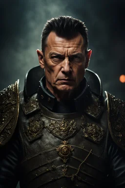 portrait of a 50 year old evil military commander. Cruel expression, dark crew cut hair, dark fantasy