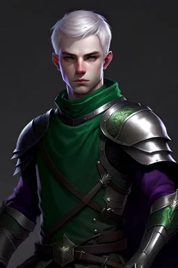 a young and fitness twenty eight years old male noble-warrior with white short hair and purple eyes. He wears darkgreen clothes, an antique leather armor and wields a two-handed falchion