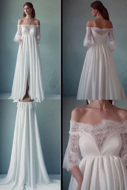 Lace and silk off-the-shoulder wedding dress is very long for sea lovers Photorealistic