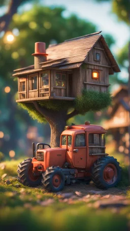 tractor with a tree house on top,bokeh like f/0.8, tilt-shift lens 8k, high detail, smooth render, down-light, unreal engine, prize winning