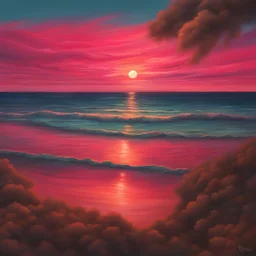 gorgeous colorful sunset, vibrant colors, overlooking ocean, sunset time, red and pink clouds. realistic, photorealilstic,