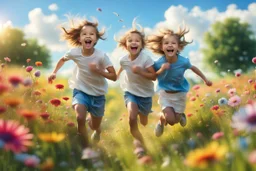 happy children run in the summer meadow, surrounding colors flowers, meadow, Happy and harmony vibe, blu sky and the little wind, high detailed, high realistic, sharp focuses, photorealistic, cinematic