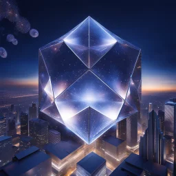 In a mesmerizing scene, envision 4 crystal symetric hexagonal prism repeating 3d mandelbolb fractal structure against the backdrop of a gleaming modern futuristic future cityscape. Suddenly, without warning, the hexagonal prism begin to collapse and cascade to the floor, creating a symphony of light and sound as they shatter into a myriad of sparkling fragments. Explore the juxtaposition of beauty and destruction in this captivating moment.