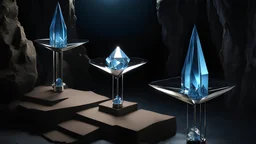 Three tall clear blue crystal spires stand on a deserted ocean island surrounded by beams of moonlight. High resolution 8K, moderate specularity, cinema 3D, chrome ball suspended, highly detailed, surrealism by Dorothea tanning, enrico donati