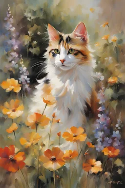 Willem Haenraets style painting, portrait of a Calico cat, in the Garden, painted by Willem Haenraets