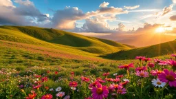 beautiful Green hills covered with flowers colorfull ,blue sky heavy clouds with godray at sunset ,very nice flowers at closeup ,wonderfull mountains at distance