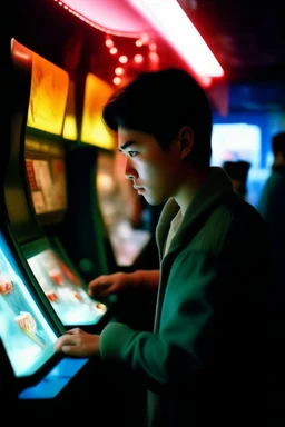 A yung detective art from Heavy metal movie arcade. perfect lighting, leica summicron 35mm f2.0, kodak portra 400, film grain. hangover post party, wasted.