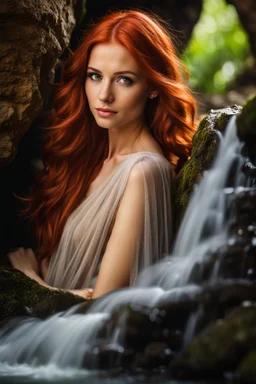 Close UP, delicate, cute, soft, skinny belly red haired Young lady, Green eyes , cave waterfall, medieval