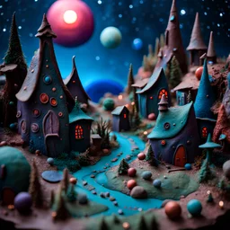 Detailed creepy landscape made of modeling clay, village, stars and planets, Roger Dean, naïve, Tim Burton, strong texture, Ernst Haekel, extreme detail, Max Ernst, decal, rich moody colors, sparkles, Yves Tanguy, bokeh, odd