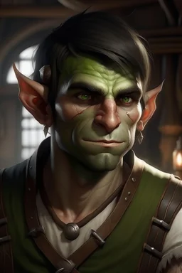 strong young half orc male who works at a tavern with pointy ears and green skin realistic short hair