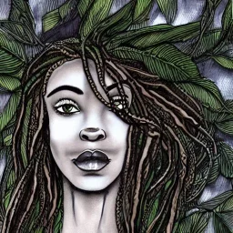 Paper. pen sketch art .the face of A young black woman. A wood nymph emerging from the forest. Her hair looks like vines. Dreadlocs. Her skin is the colour of dark soil. Her skin looks like tree bark. Her clothing is made of vines, grass and leaves.