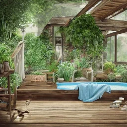 rustic wood deck with white wicker furniture, cerulean pond surrounded by smooth stones, flickering light, plants, 8k resolution, cozy, high-quality, fine-detail, tranquil, digital art, detailed matte, volumetric lighting, illustration, 3D octane render, brian froud, howard lyon, selina french, annie stokes, lisa parker, greg rutowski